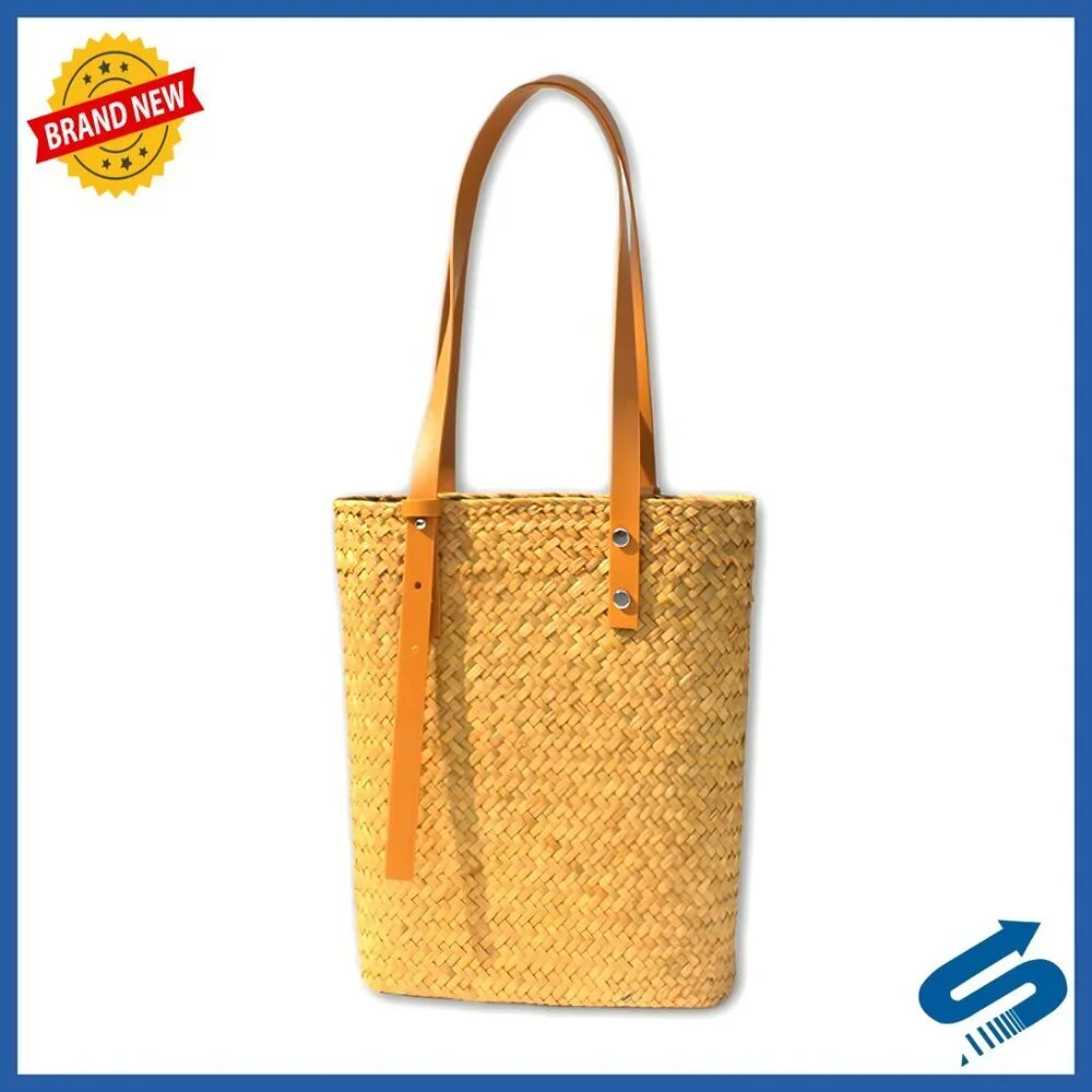 Natural Rattan Woven Tote Bag Handmade Beach Purse Summer Vacation Boho